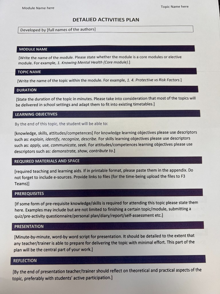Activities plan template reference