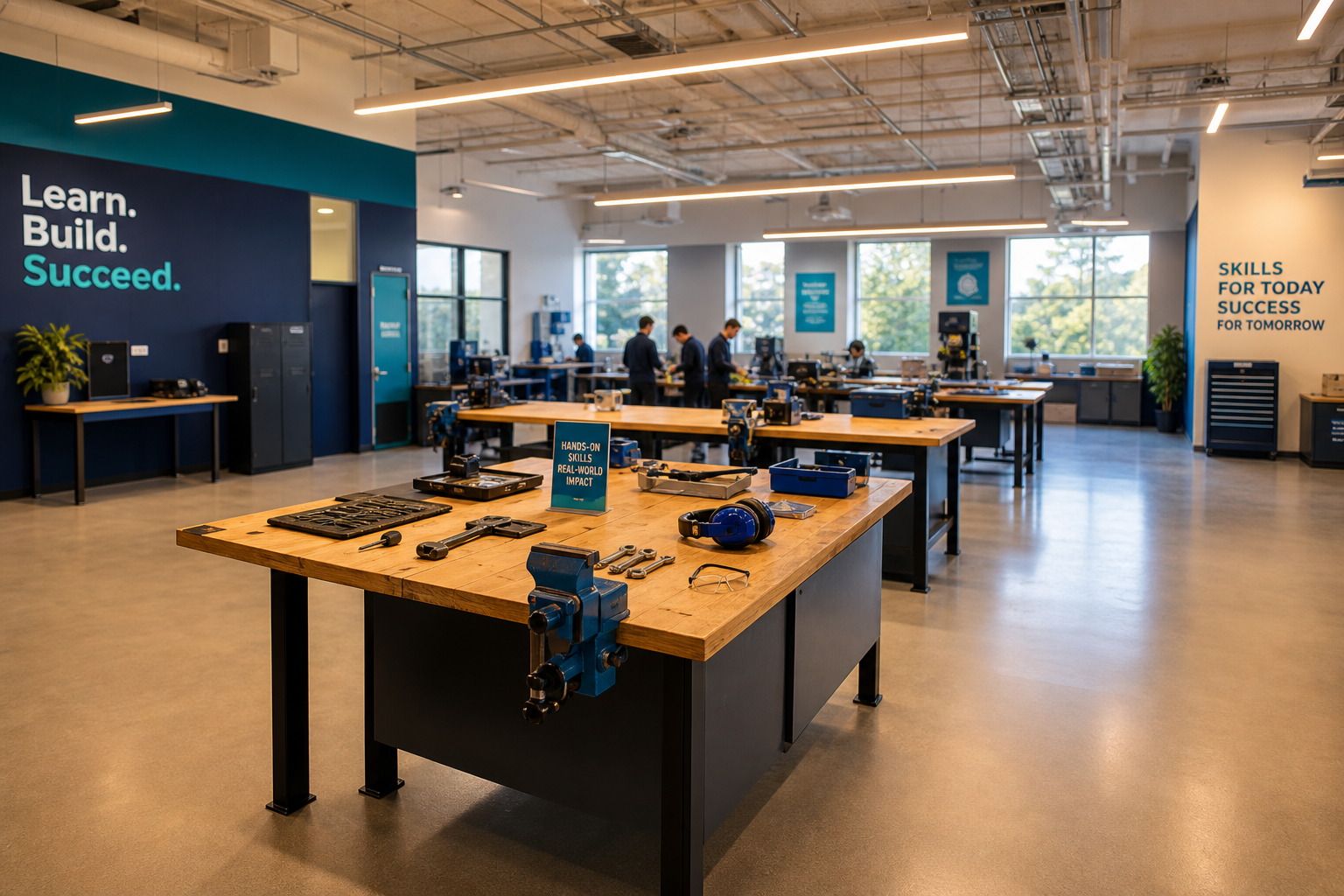 Vocational workshop with tools and learning materials on workbenches